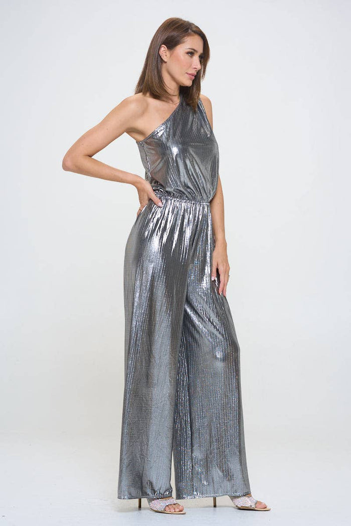 Made in USA Metallic One Shoulder Wide Leg Jumpsuit