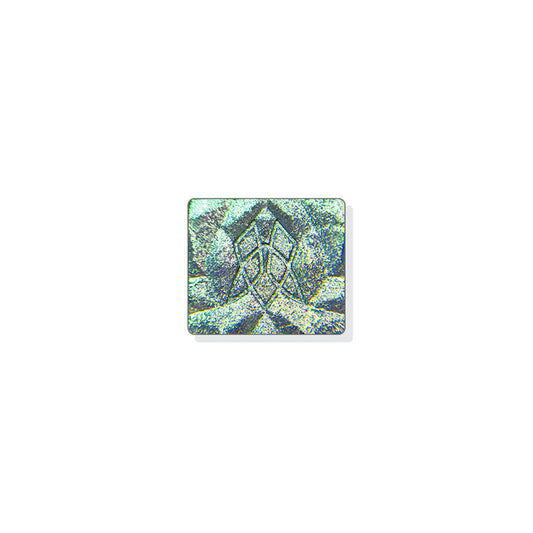 A single multichrome eyeshadow in colour Masonry on a white background. A medium taupe grey base with small particles that shift platinum-lime-aqua, with a touch of warmth.