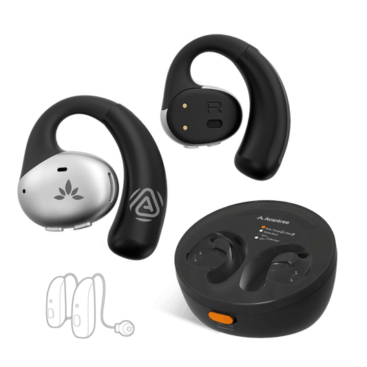 Medley Pebble 2 Open-Ear Auracast TV Earbuds Set for seniors. Wireless listening at your own volume, compatible with Auracast hearing aids.