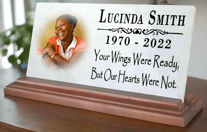 Loved One Memorial With Photo Custom Printed Picture on Marble Plaque - Your Wings Were Ready But Our Hearts Were Not 8" x 4" - Broad Bay Personalized Gifts Shipped Fast