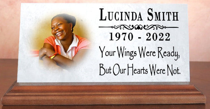Loved One Memorial With Photo Custom Printed Picture on Marble Plaque - Your Wings Were Ready But Our Hearts Were Not 8" x 4" - Broad Bay Personalized Gifts Shipped Fast