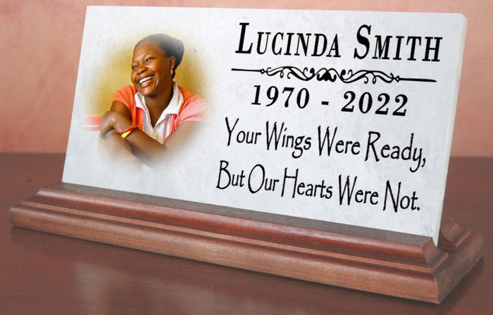 Loved One Memorial With Photo Custom Printed Picture on Marble Plaque - Your Wings Were Ready But Our Hearts Were Not 8" x 4" - Broad Bay Personalized Gifts Shipped Fast