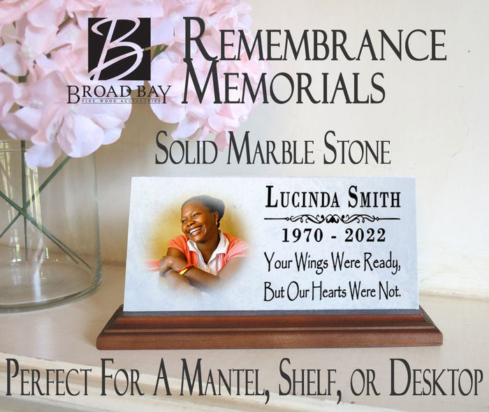 Loved One Memorial With Photo Custom Printed Picture on Marble Plaque - Your Wings Were Ready But Our Hearts Were Not 8" x 4" - Broad Bay Personalized Gifts Shipped Fast