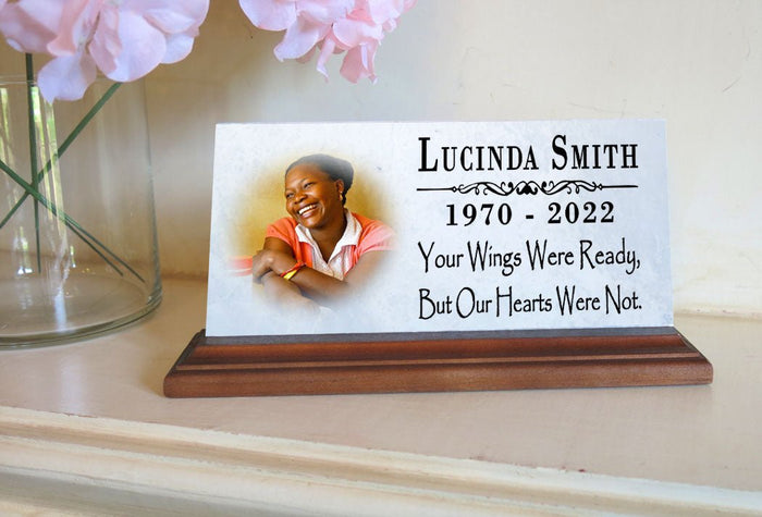 Loved One Memorial With Photo Custom Printed Picture on Marble Plaque - Your Wings Were Ready But Our Hearts Were Not 8" x 4" - Broad Bay Personalized Gifts Shipped Fast