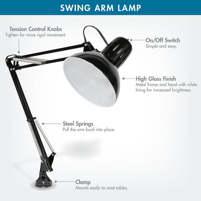 Metal Swing Arm Clamp Lamp for Drafting/Drawing/ Adjustable Top Tables with LED Bulb Included Black- 12022