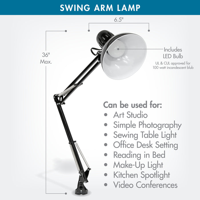Metal Swing Arm Clamp Lamp for Drafting/Drawing/ Adjustable Top Tables with LED Bulb Included Black- 12022