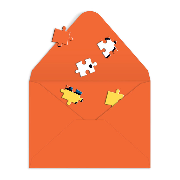 The Miffy Birthday Greeting Card Puzzle by Miffy features an open orange envelope with five puzzle pieces, some inside and some on the flap, set against a white background.
