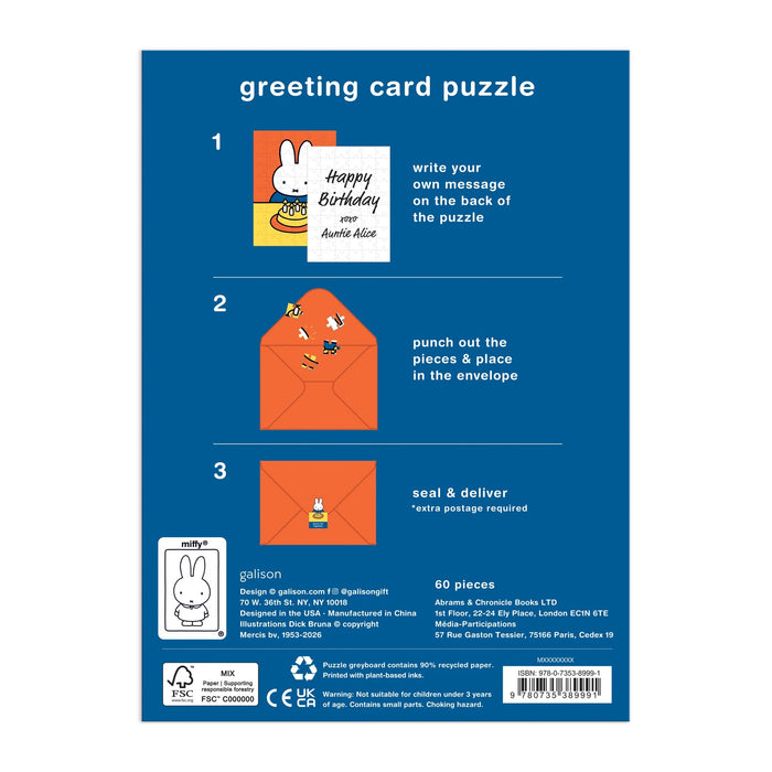 The back of the Miffy Birthday Greeting Card Puzzle box features illustrated instructions: write your message on the puzzle, punch out the pieces, place them in the orange envelope, and seal. Miffy branding and product details appear at the bottom.