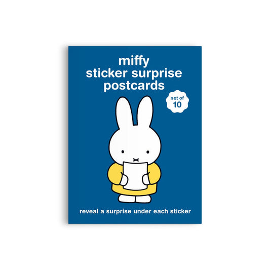 The image features the Miffy Postcard Sticker Book by Miffy, showing Miffy the rabbit holding a blank card. The text at the bottom reads, "Reveal a surprise under each sticker.