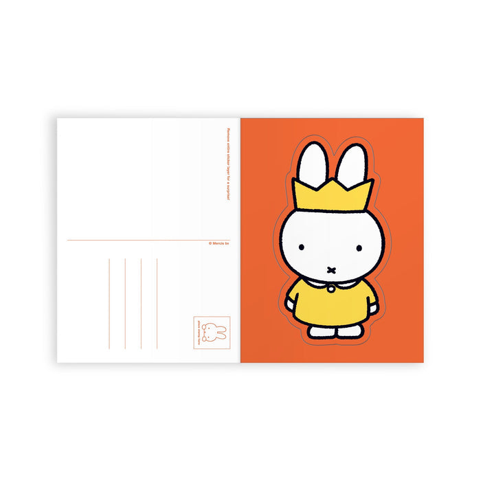 The Miffy Postcard Sticker Book by Miffy features a white bunny in a yellow dress and crown on an orange background, with space on the left for your message and address.