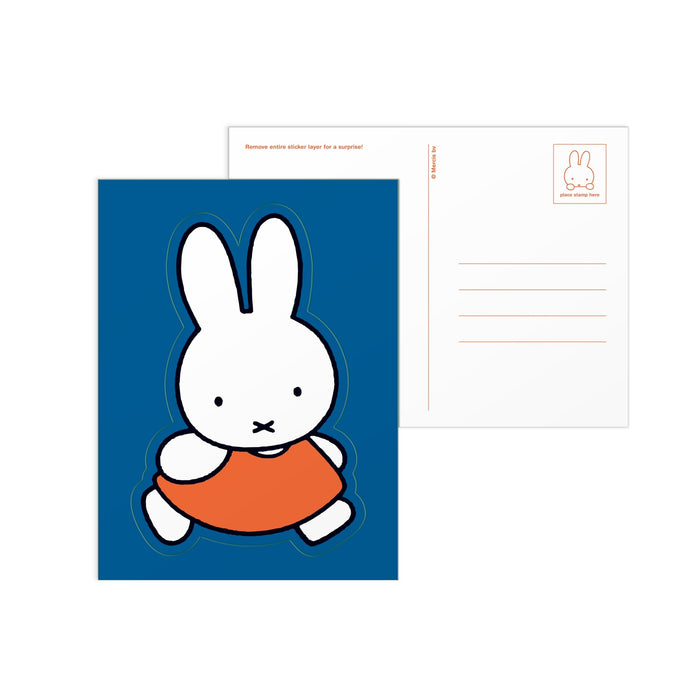 The Miffy Postcard Sticker Book by Miffy features postcard designs with the beloved white rabbit in an orange dress on a blue background, plus space for messages, address lines, and a small Miffy illustration on the back.