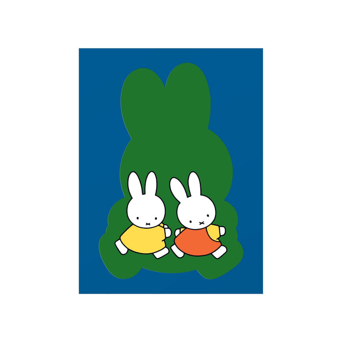 Two cartoon white rabbits, one in yellow and one in orange dresses, run together before a large green rabbit silhouette on a blue background. Featured on the Miffy Postcard Sticker Book by Miffy.