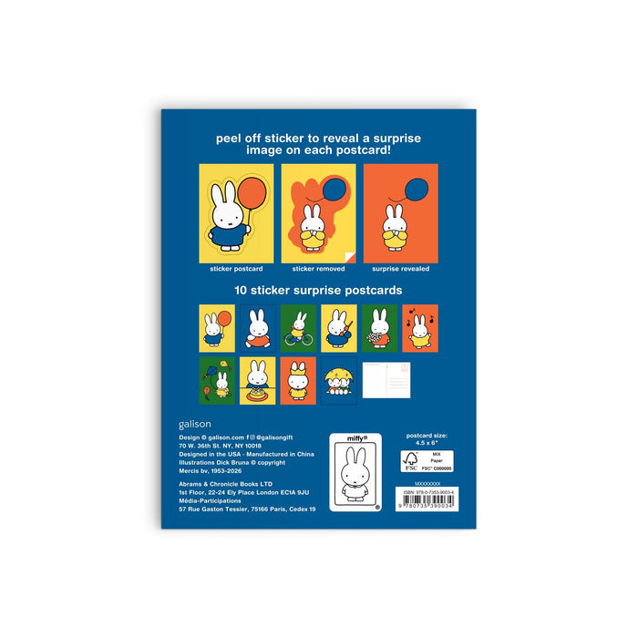 The back of the Miffy Postcard Sticker Book by Miffy shows example images and instructions, revealing that stickers uncover surprise images on each of the ten colorful postcards.