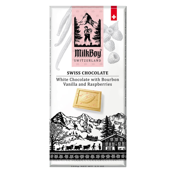 Milkboy Swiss White Chocolate Bourbon Vanilla and Raspberries Candy Bars - 10 Count