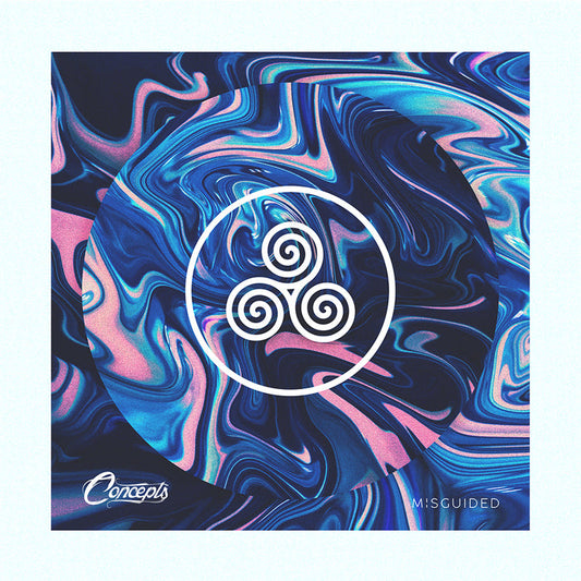 A blue, pink, and white CD cover shows a swirl pattern with three white swirls at the center of the CD. The words "Concepts" is on the bottom left with the words "Misguided" on the bottom right.