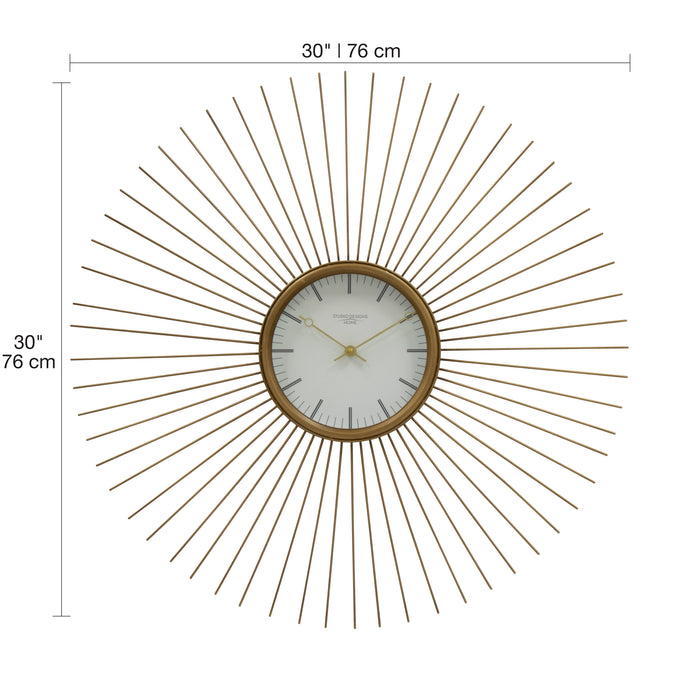 Mod Large 30 Inch Retro Starburst Metal Wall Clock Large Quartz Movement, Golden Brass 73019