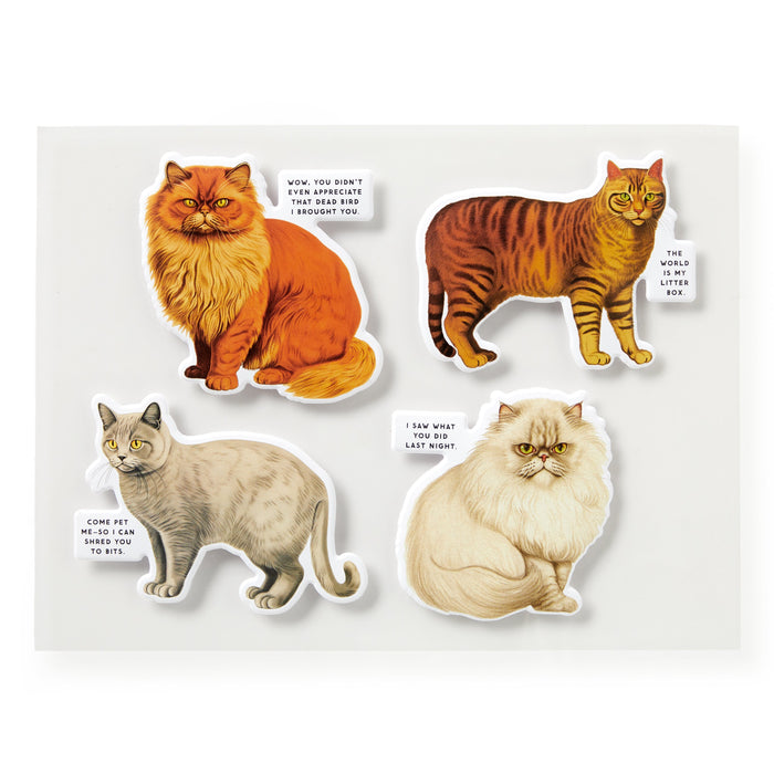 The Moody Cats 1000 Piece Puzzle by Brass Monkey features four illustrated cats with speech bubbles and witty lines, making it a humorous jigsaw perfect for fans of playful cat puzzles and the quirky Moody Cats series.