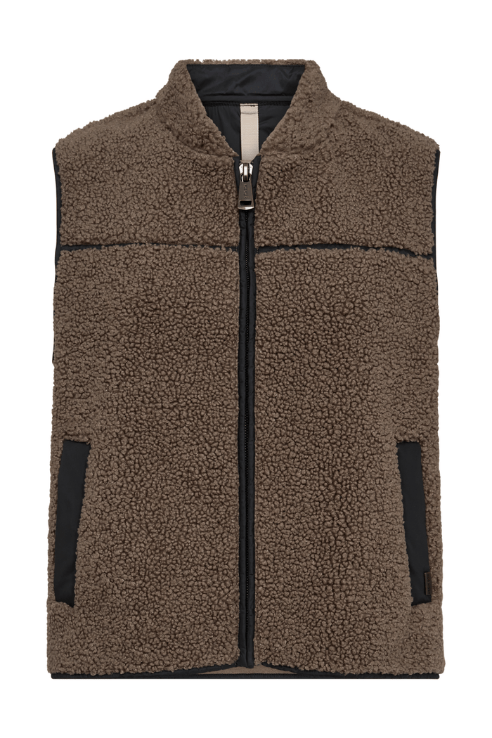Mos Mosh MMRowe Teddy Waistcoat in Falcon brown – relaxed fit teddy gilet with zip front, contrast piping, and back tape detail available at Dotique