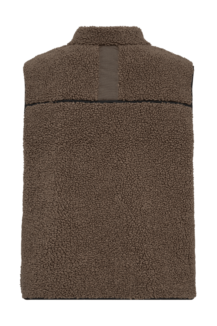 Mos Mosh MMRowe Teddy Waistcoat in Falcon brown – relaxed fit teddy gilet with zip front, contrast piping, and back tape detail available at Dotique