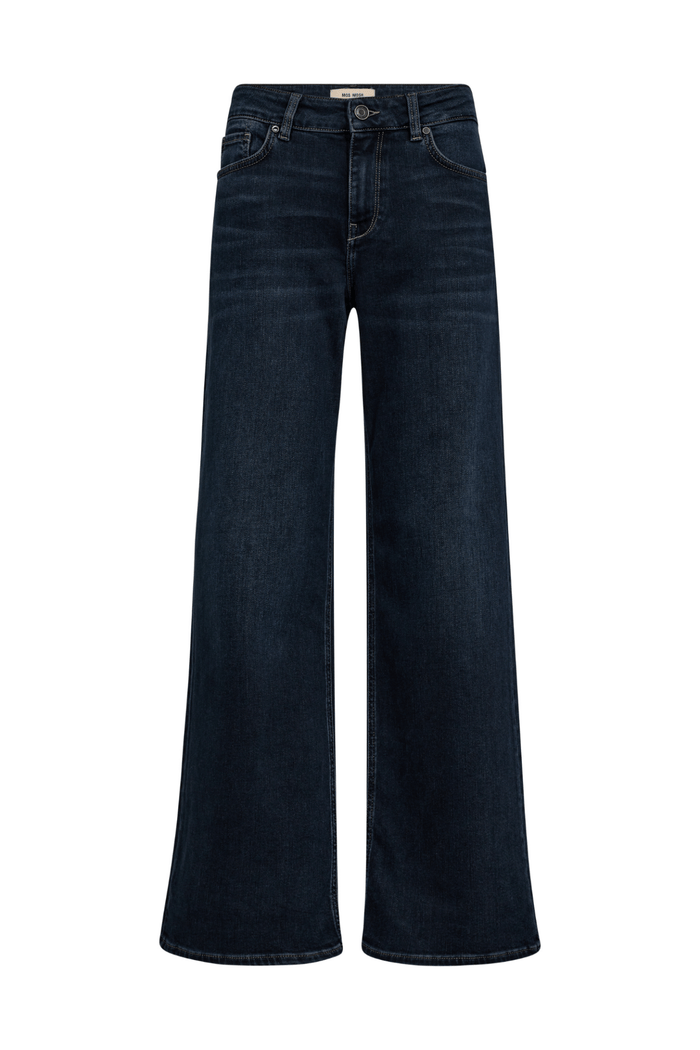 Mos Mosh MMDara Hera Jeans in Dark Blue – high rise wide leg jeans with five-pocket design and leather coin pocket detail available at Dotique