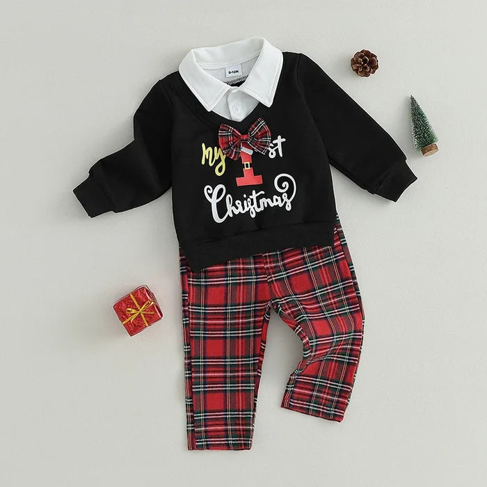 My First Christmas Baby Boy Outfit – 3-24M Long Sleeve Bowtie Top & Plaid Pants Holiday Set