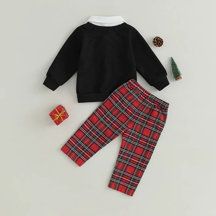 My First Christmas Baby Boy Outfit – 3-24M Long Sleeve Bowtie Top & Plaid Pants Holiday Set