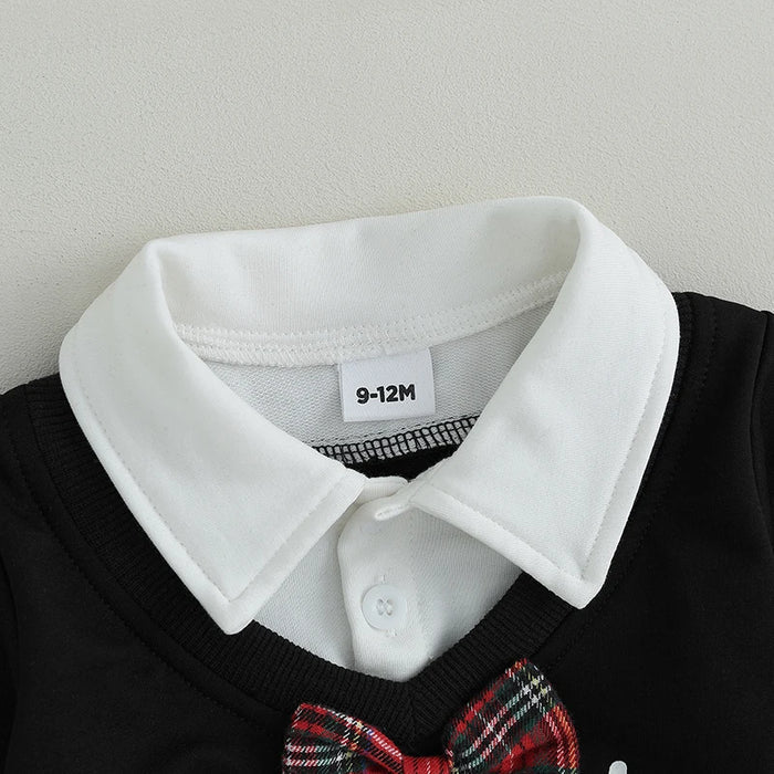 My First Christmas Baby Boy Outfit – 3-24M Long Sleeve Bowtie Top & Plaid Pants Holiday Set