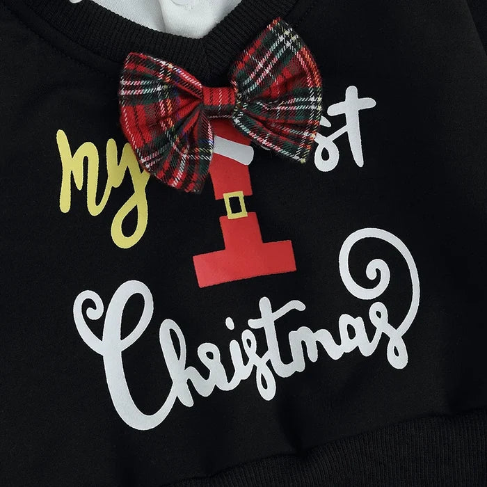 My First Christmas Baby Boy Outfit – 3-24M Long Sleeve Bowtie Top & Plaid Pants Holiday Set