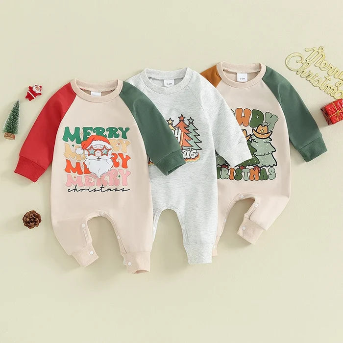 My First Christmas Baby Romper – Unisex Santa & Letter Print Jumpsuit (0–18M)