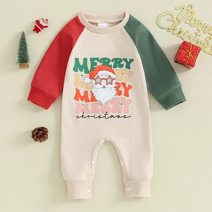 My First Christmas Baby Romper – Unisex Santa & Letter Print Jumpsuit (0–18M)