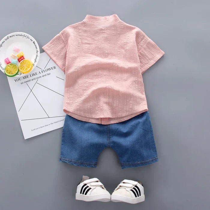 New Summer Toddler Boys Outfit – Cartoon Tee & Denim Shorts Set