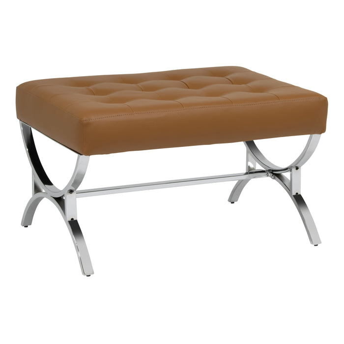 Newel Modern Square Ottoman Blended Leather and Chrome Metal Frame, Chrome / Caramel 72049