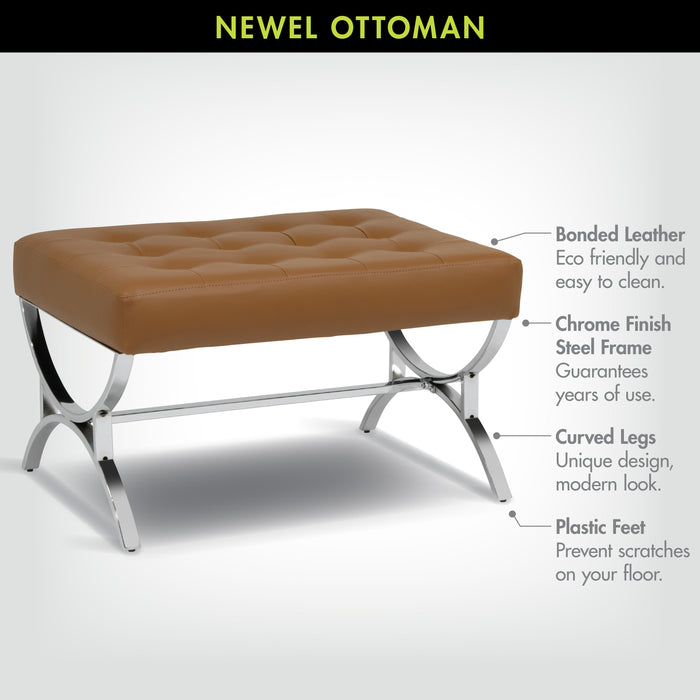 Newel Modern Square Ottoman Blended Leather and Chrome Metal Frame, Chrome / Caramel 72049