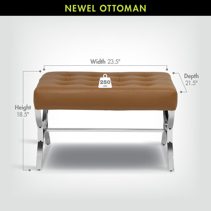Newel Modern Square Ottoman Blended Leather and Chrome Metal Frame, Chrome / Caramel 72049
