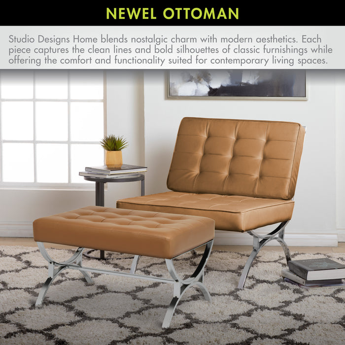 Newel Modern Square Ottoman Blended Leather and Chrome Metal Frame, Chrome / Caramel 72049