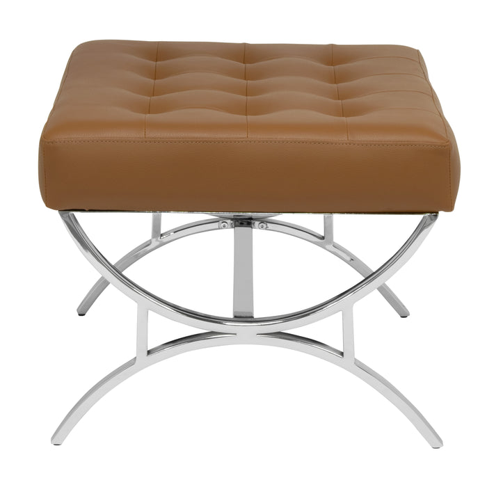 Newel Modern Square Ottoman Blended Leather and Chrome Metal Frame, Chrome / Caramel 72049
