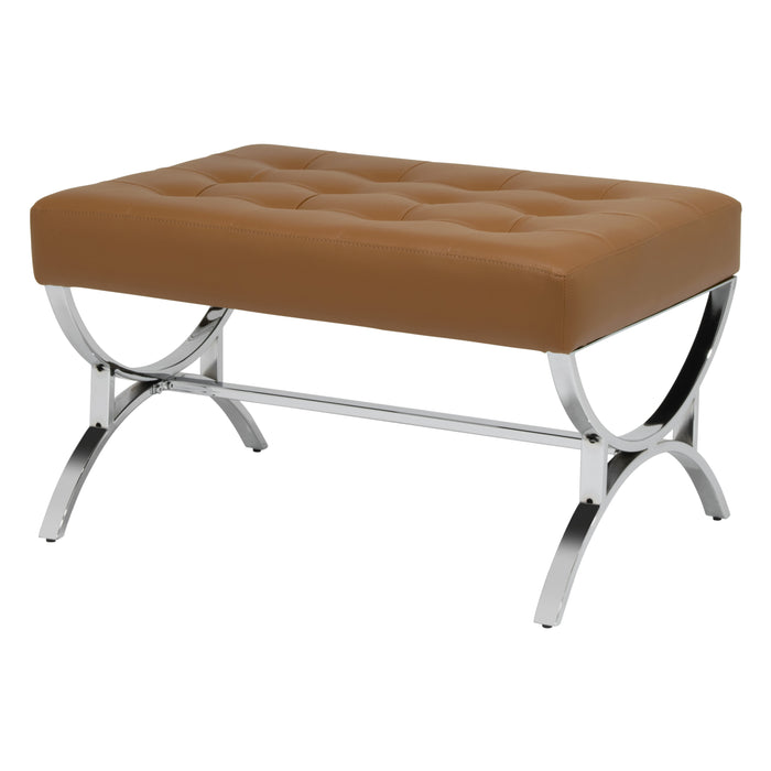 Newel Modern Square Ottoman Blended Leather and Chrome Metal Frame, Chrome / Caramel 72049