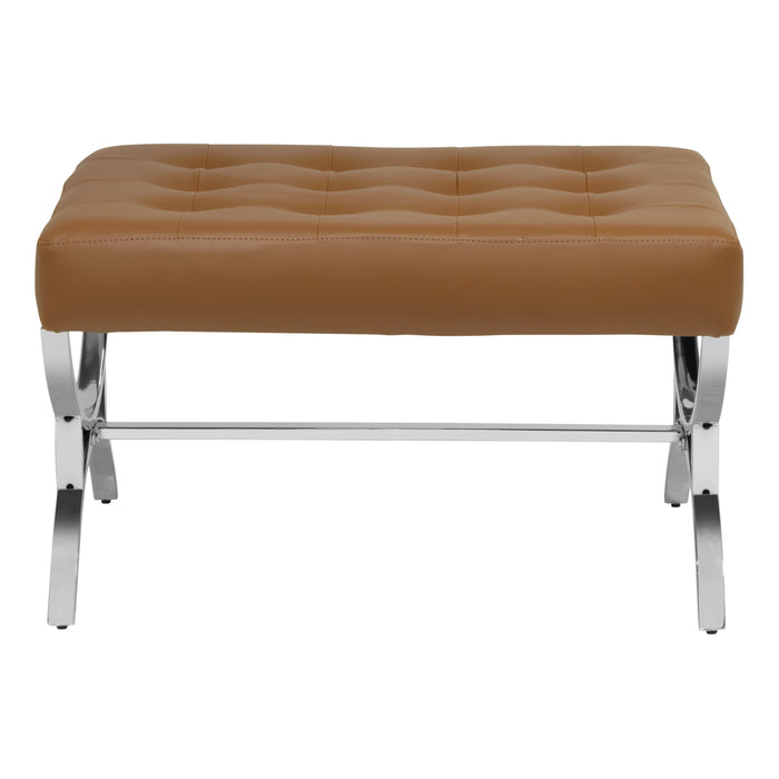 Newel Modern Square Ottoman Blended Leather and Chrome Metal Frame, Chrome / Caramel 72049