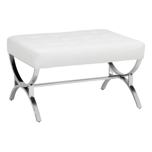 Newel Modern Square Ottoman Blended Leather and Chrome Metal Frame, Chrome / White 72051