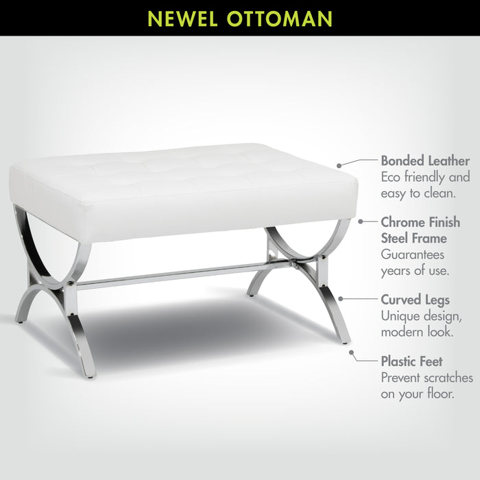 Newel Modern Square Ottoman Blended Leather and Chrome Metal Frame, Chrome / White 72051
