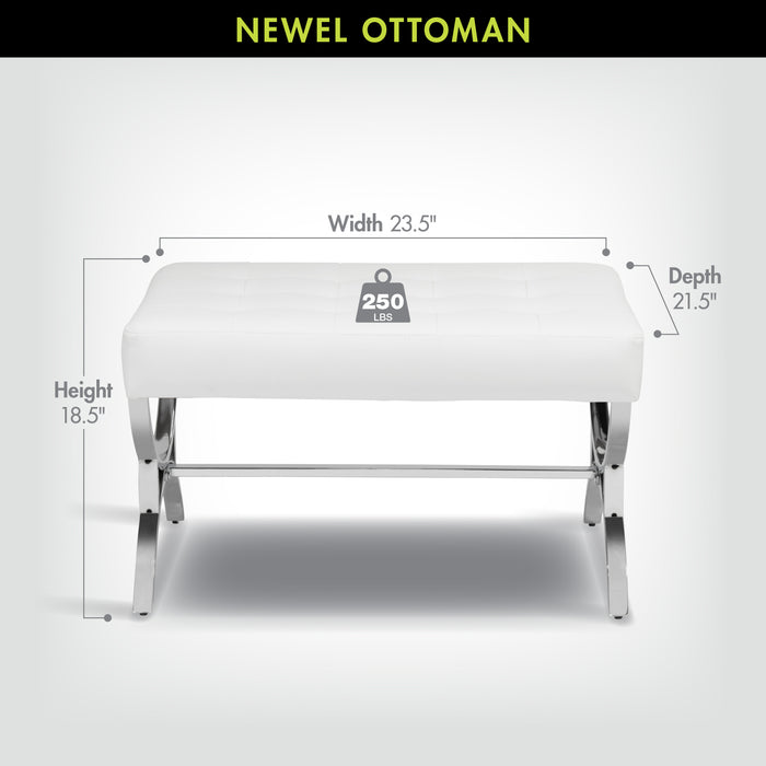 Newel Modern Square Ottoman Blended Leather and Chrome Metal Frame, Chrome / White 72051