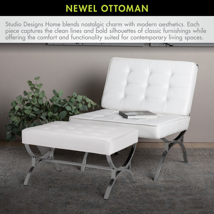 Newel Modern Square Ottoman Blended Leather and Chrome Metal Frame, Chrome / White 72051