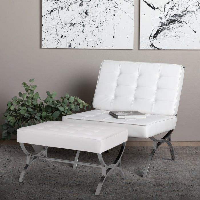 Newel Modern Square Ottoman Blended Leather and Chrome Metal Frame, Chrome / White 72051