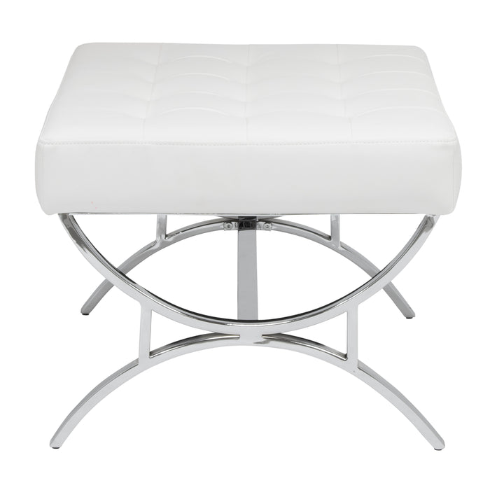 Newel Modern Square Ottoman Blended Leather and Chrome Metal Frame, Chrome / White 72051