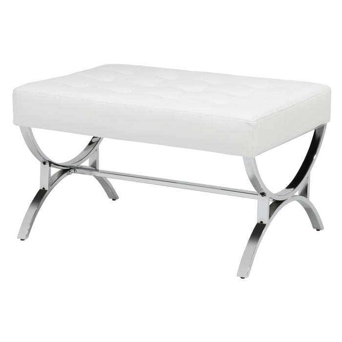 Newel Modern Square Ottoman Blended Leather and Chrome Metal Frame, Chrome / White 72051