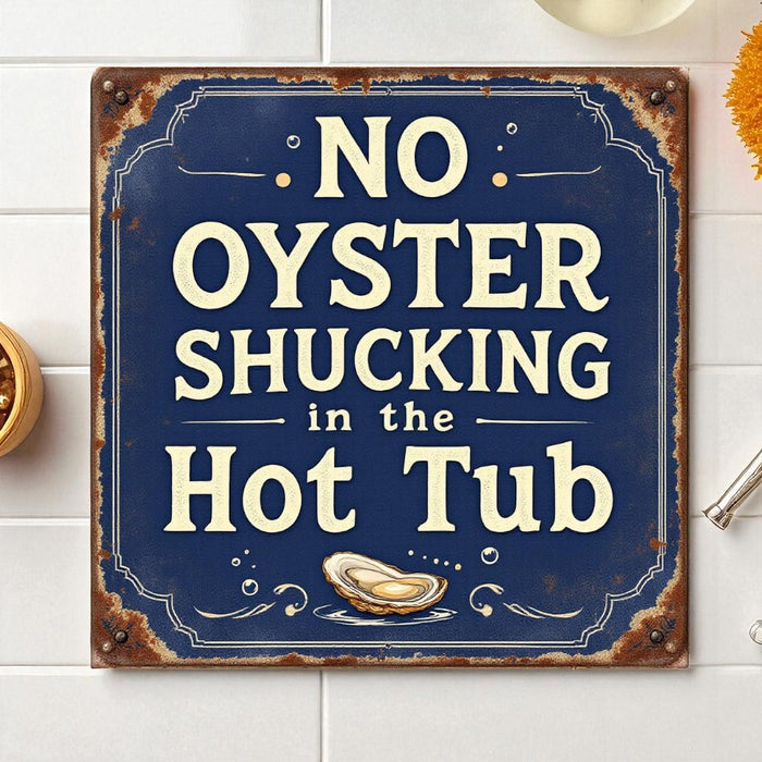 Vintage-style sign with humorous text 'No Oyster Shucking in the Hot Tub' on a blue background.