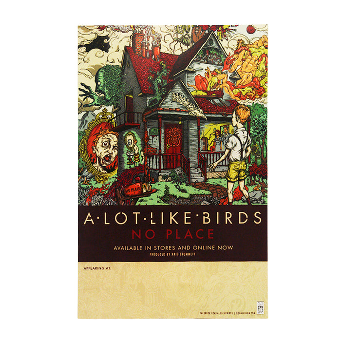 Colorful house with surreal elements and a boy in front. Text: A Lot Like Birds, No Place, available in stores and online now. Folded posters also available—add to order or select a poster tube for safe delivery.