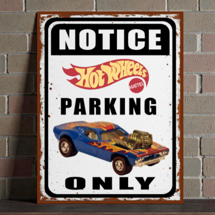 Vintage-style 'Notice Hot Wheels Parking Only' sign with a car illustration on a brick wall background.