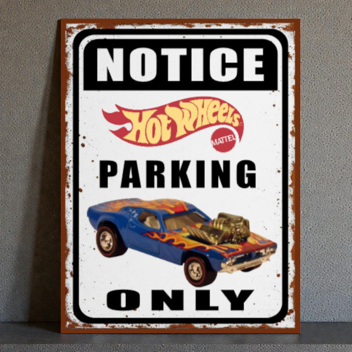 Vintage-style 'Notice Hot Wheels Parking Only' sign with a classic car illustration on a gray background.