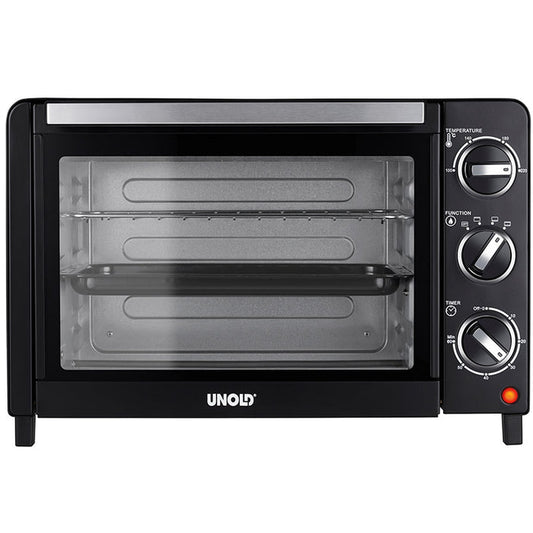 Der Unold Ofen Allround ist ein schwarzer Tischbackofen mit Glastür, Grillrost, Backblech und drei rechtsseitigen Drehreglern für Temperatur-, Funktions- und Timer-Einstellungen.